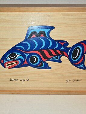 Wood Box Hand-painted Sliding Lid Salmon Legend by Joe Wilson 8 in x 6 in 2000s